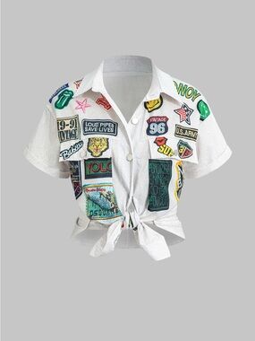 White Patchwork Tie-Front Crop Shirt - Womens Casual Top